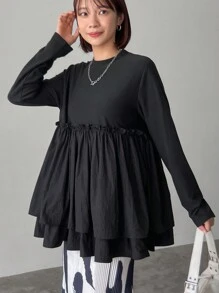 FRIFUL Áo thun nữ dáng chữ A vải chắp vá, áo dài tay nhún bèo cho nữ - màu đen - Xem 3