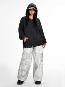 ROMWE Grunge Punk Punk Distressed Snowflake Metallic Button Detachable Oversized Women Baggy Sweatshirt - Black - View 1