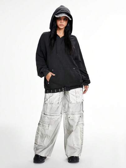 Grunge Punk Sweat-shirt ample et ample pour femmes avec boutons métalliques décoratifs style punk et effet délavé, motif flocon de neige