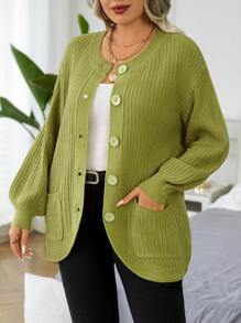 Calvaya 大码女式纯色简约长袖开衫，适合冬季 - 橄欖綠 - 查看 5