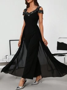 SHEIN Clasi Women's Elegant V-Neck Rhinestone Embellished Open Shoulder Flowy Mesh Jumpsuit Women Jumpsuits  Homecoming - Black - View 2