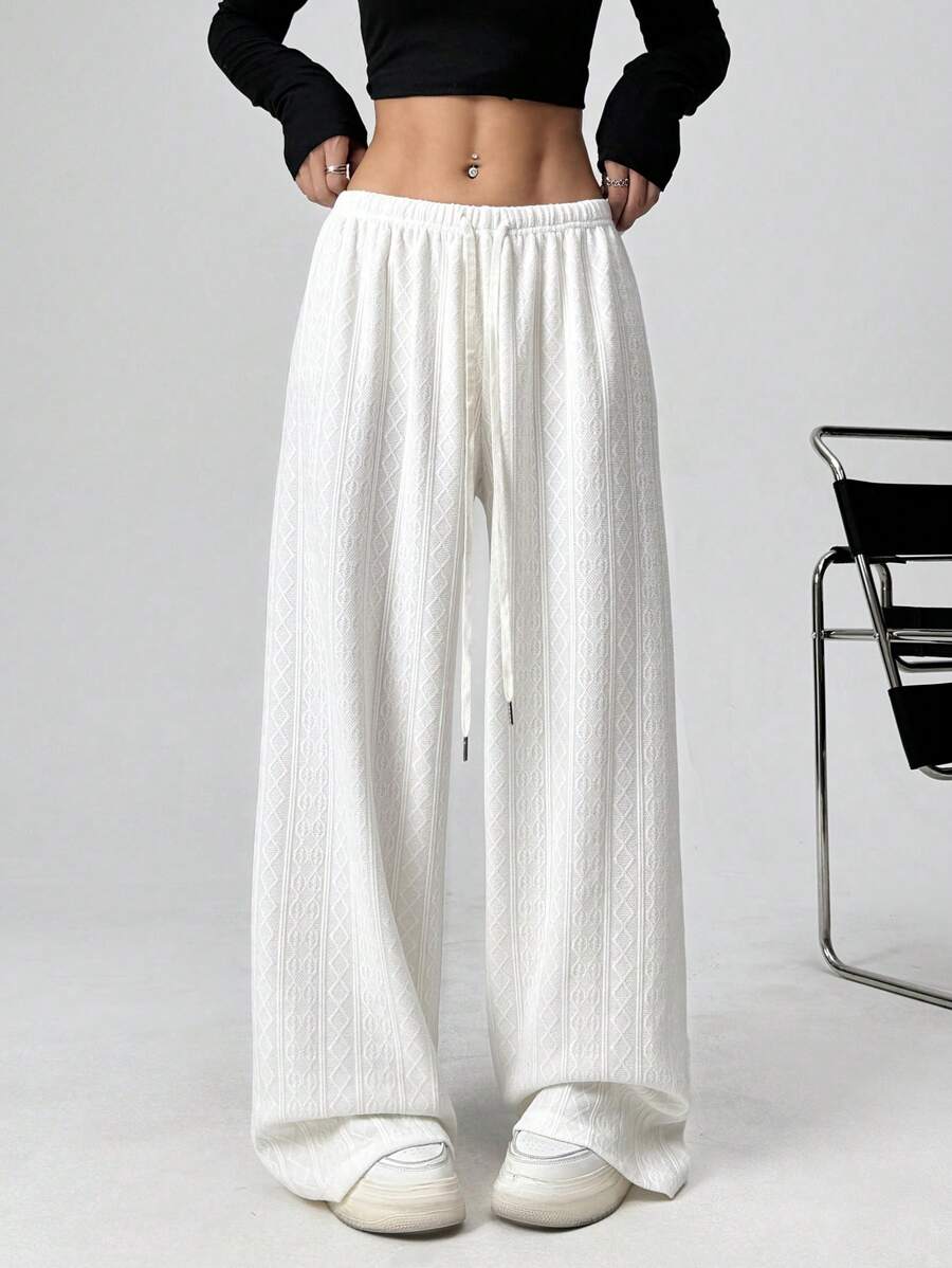 SHEIN EZwear Women's Fall Solid Color Knitted Jacquard Velvet Drawstring Long White Wide Leg Pants - White - View 1