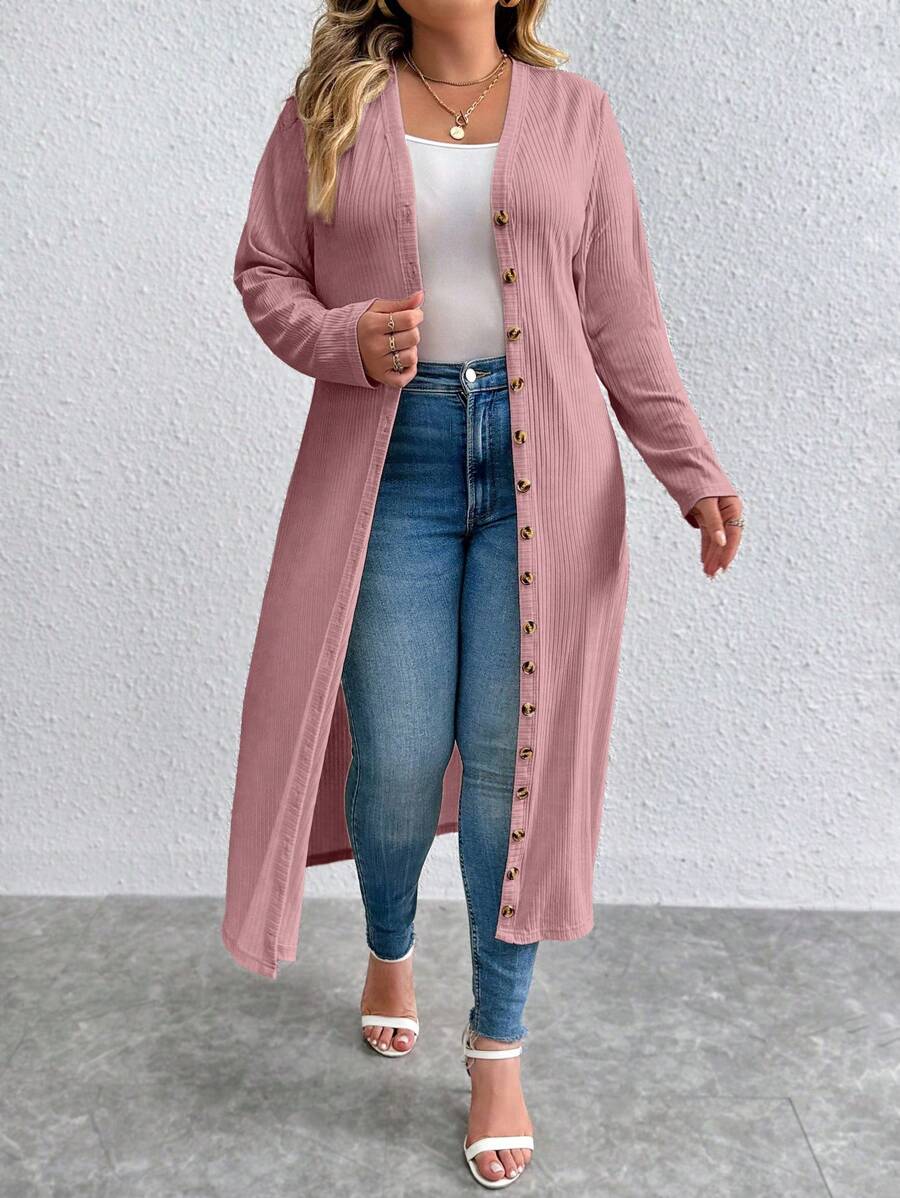 Calvaya Veste décontractée à manches longues avec boutons devant, taille grande - Vieux Rose - Voir 1