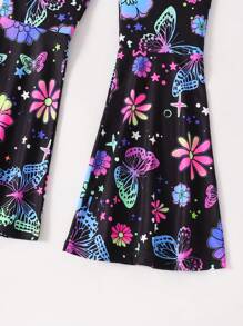 2 件 Tween Girl 休闲可爱优雅蝴蝶图案长袖运动衫和喇叭裤套装，适合秋季、冬季和春季度假休闲穿着 - 彩色 - 查看 5