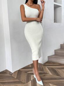 Chiquease French Fashionable Versatile Asymmetrical Neck Backless Knit Dress - White - View 4