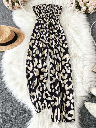 SHEIN LUNE Women's Contrast Color Print Strapless Jumpsuit