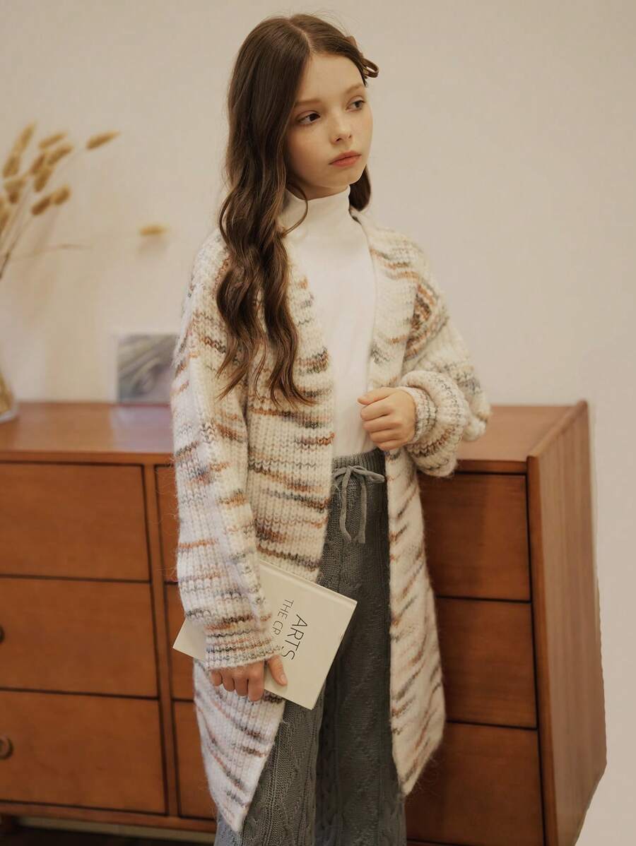 SHEIN Tween 女童厚款混色纽扣开衫毛衣夹克 - 彩色 - 查看 1