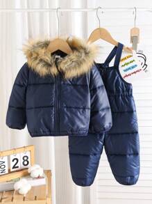 SHEIN 2pcs/Set Baby Boy/Girl Warm Fuzzy Hooded Jacket & Overalls Outfit, Suitable For Autumn And Winter, Great For Outdoor/Skiing