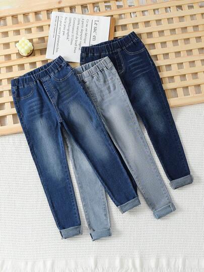 SHEIN Vintaside Kids 2-Pack Girls Y2K Style Slim Fit Stretchy Washed Denim Jeans, Comfortable Fabric, Versatile Daily Casual Wear Summer Holiday