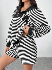 SHEIN EZwear 2 件女式条纹长袖运动衫和短裤套装 - 黑與白 - 查看 4