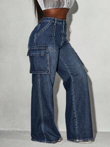 SHEIN Slayr 女式超大口袋简约设计牛仔裤 - 藏蓝色 - 查看 7