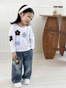 SHEIN Vêtements de mode automne/hiver pour bébé fille avec application florale 3D mignonne et brodée - Blanc - Voir 3