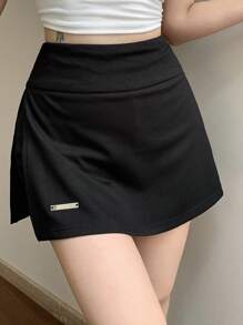 DAZY Women Summer Casual Side Slit Patchwork Mini Black Skirt