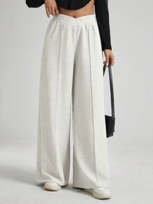 SHEIN Essnce Plush Plush Warm Black V-Waist Elastic Pants Plush Pants For Women Solid Color Asymmetric Waist Toothpick Striped Wide-Leg Loose Pants