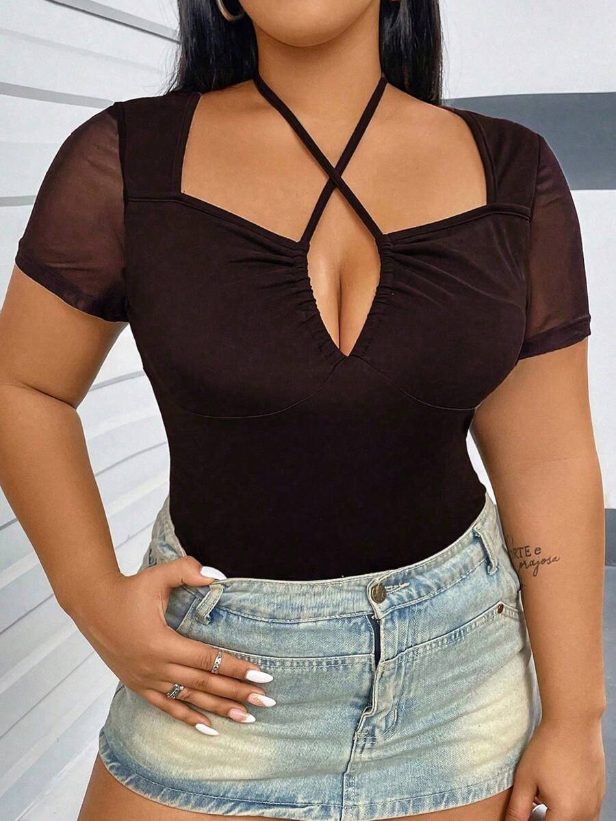 Flirla Plus Size Cross Lace-Up Halter Neck Short Sleeve Mesh Fitted Elegant T-Shirt - Chocolate Brown - View 1