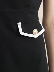 BizChic 女士优雅通勤黑白拼色无袖连衣裙秋季女装 - 黑色 - 查看 5