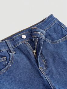 SHEIN 带口袋的 Tween 女童纯色牛仔短裤 - 淺色水洗藍 - 查看 3