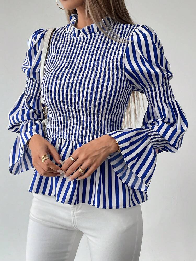 Chiquease 女士优雅通勤泡泡袖圆领束腰条纹衬衫荷叶边上衣 - 藍白色 - 查看 6