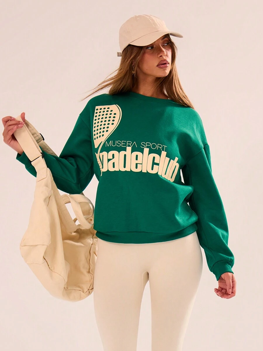 Musera Sport Padel Club Print Crew Neck Sweatshirt Only, Padel Racquetball Pickleball Tennis Gym Fitness - Dark Green - View 1