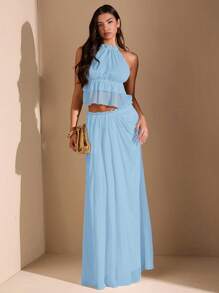 SHEIN BAE Damska letnia spódnica asymetryczna z marszczeniami i wysokim rozcięciem w jednolitym kolorze, z niskim stanem, idealna na plażę, wakacje i randkę