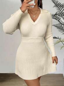 SHEIN Clasi 大码女式束腰修身马球领长袖针织连衣裙 - 杏色 - 查看 2