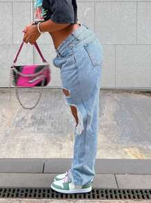American-Style Street Distressed Mid-Rise Straight Leg Jeans. - Light Wash - View 3