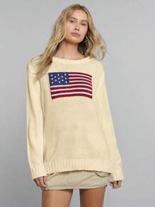 SHEIN EZwear 女士国旗图案圆领长袖毛衣 - 杏色 - 查看 6