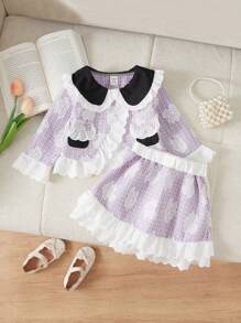 SHEIN 2pcs Baby Girl Plaid Printed Contrast Ruffle Trim Long Sleeve Top And Skirt Set