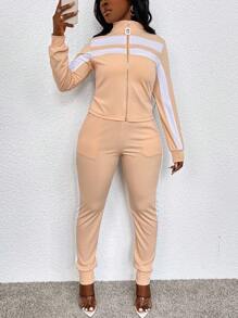 Zolique 2 件女式撞色长袖上衣和裤子套装 - 杏色 - 查看 6