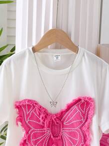 2 件套 Tween 女童夏季休闲蝴蝶贴花上衣和裙子套装 - 粉色 - 查看 3