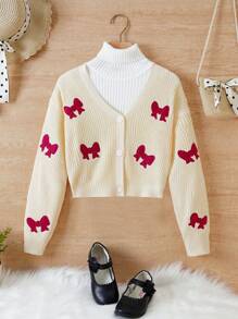 Girls Apricot Short Embroidered Bow Cardigan - Apricot - View 1