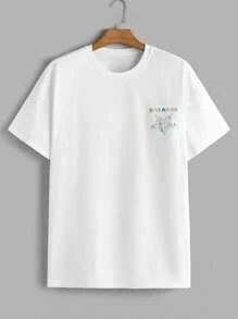 Manfinity Homme 男士休闲字母印花短袖圆领 T 恤，夏季 - 黑色 - 查看 2