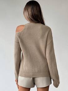 SHEIN Clasi Suéter holgado de manga larga con hombros descubiertos de unicolor para mujer, de otoño/invierno, suéter de punto de otoño - Caqui - Ver 2