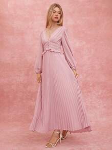 Enchnt 女士优雅纯色灯笼袖褶皱连衣裙，春夏 - 藕粉色 - 查看 4