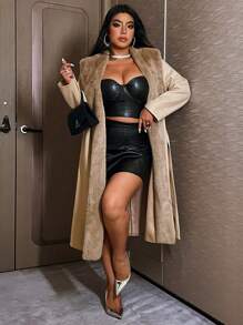 SHEIN Unity Casaco de Inverno Plus Size Feminino de Tecido Macio, Gola de Pele Falsa, Ajuste Slim, Design Distinto - Damasco - Visão 5