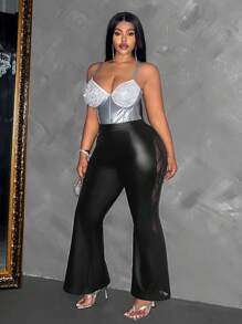 Maweii Plus Size Fashion Lace Patchwork Flare Pants Fall Cloth For Women - Black - View 3