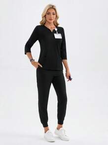 TaskEZ Solid Color V-Neck 3/4 Sleeve Pocket Scrub Top And Pants  Uniform Set Scrub Sets