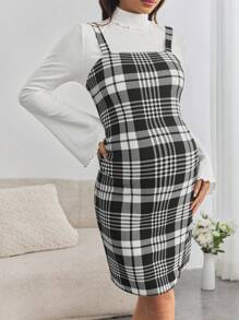 SHEIN 2 piezas Conjunto de maternidad: Top de cuello alto con mangas acampanadas y vestido deslizante a cuadros, conjunto de embarazo ajustado