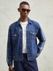 AKNOTIC Business Casual 男士宽松落肩翻领长袖休闲牛仔夹克，适合秋季 - 深色水洗藍 - 查看 5