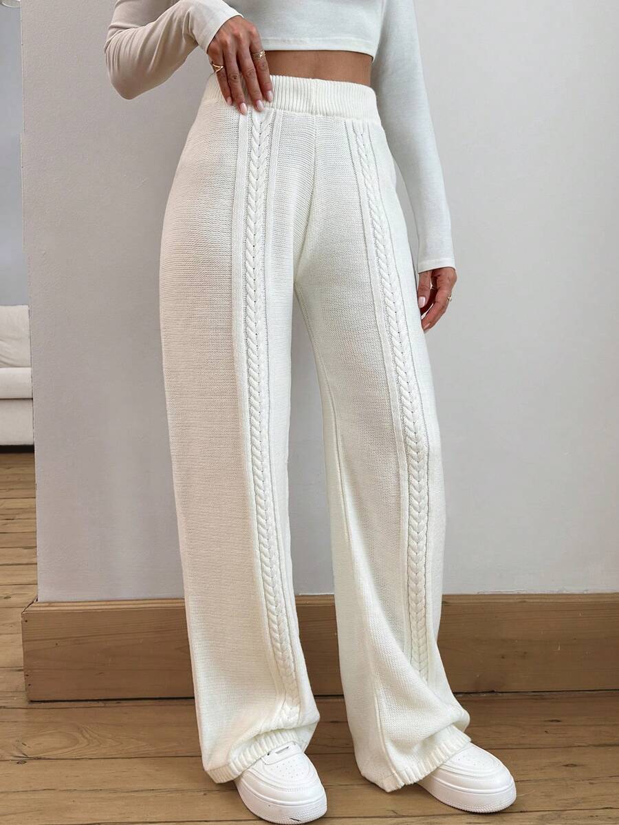 RueChic Cable Twist Pattern Sweater And Straight Pants Set For Autumn And Winter - Beige - View 1
