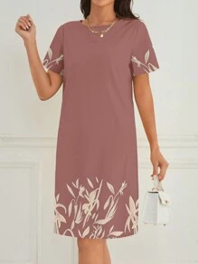 EMERY ROSE Đầm suông rộng rãi, cổ tròn, tay ngắn, in hoa, thoải mái mặc hàng ngày cho nữ - Bụi hồng - Xem 5