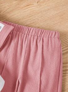 SHEIN Leap Crew 2 件套年轻女孩休闲针织拼布圆领长袖衬衫和长裤套装 - 粉色 - 查看 6