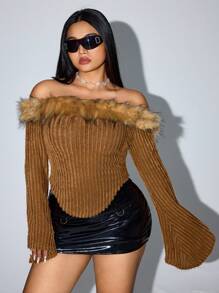 SHEIN ICON Y2K 加大码 垃圾摇滚嬉皮露肩毛绒边 T 恤 - 駝色 - 查看 5