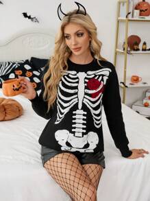 SHEIN Essnce Nuevos trajes de Halloween de estilo oscuro para mujeres en otoño e invierno 2024, que incluyen: Cárdigan con calavera de rosa, vestido de bruja/vampiro, disfraz de diablo, ropa personalizada de Halloween para mujeres - Negro - Ver 3