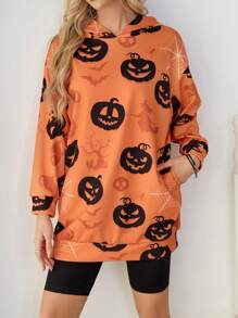 SHEIN Essnce 2024 Autumn Women's Halloween Custom Women's Dark Style Pumpkin Head Witch Devil Costume, Halloween Sweatshirt, Halloween Costume Vampire Dress - Orange - View 3