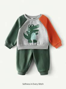 Cozy Pixies 2 件装男婴卡通恐龙图案针织柔软插肩袖套头衫和松紧腰裤套装 - 綠色 - 查看 6