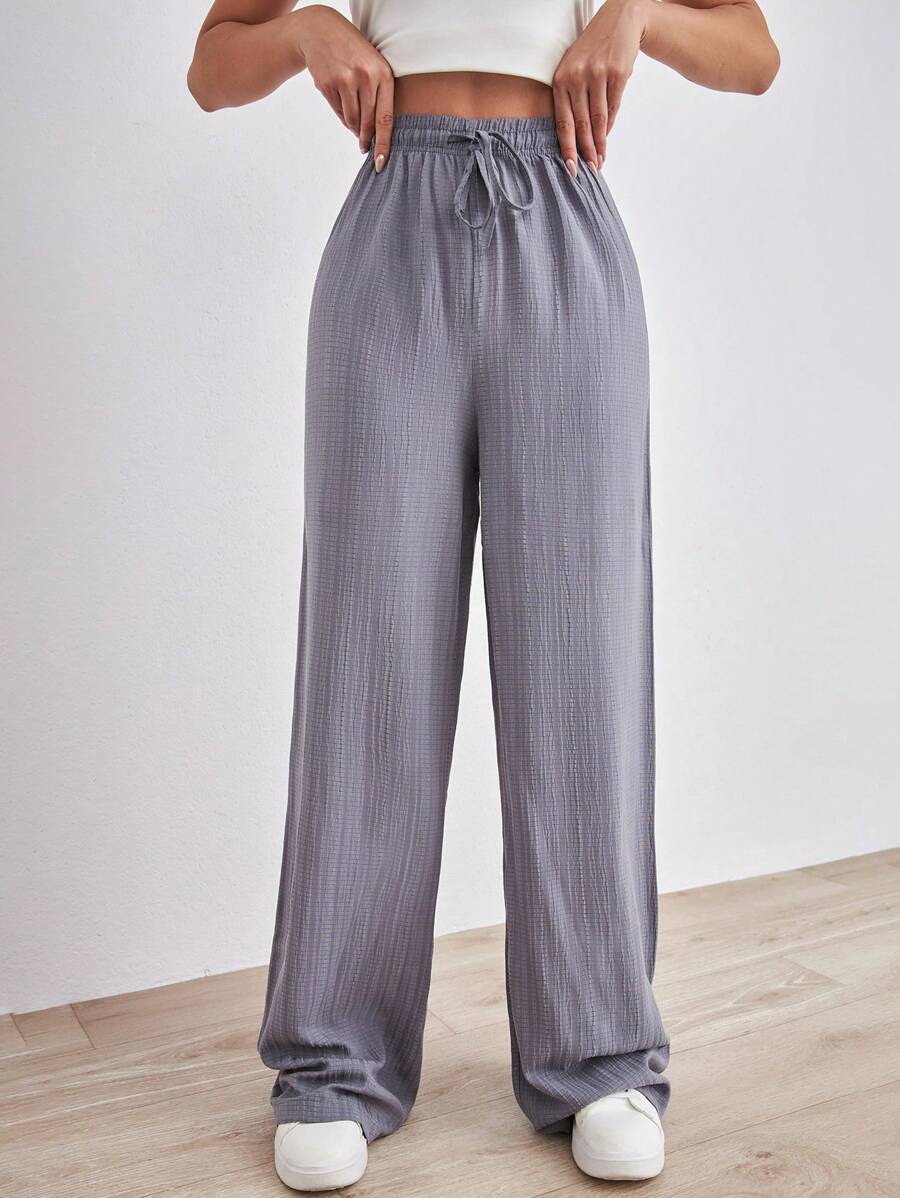 SHEIN Tall Quần dài cạp cao bằng cotton trơn màu cho nữ có dây rút - Xám - Xem 1