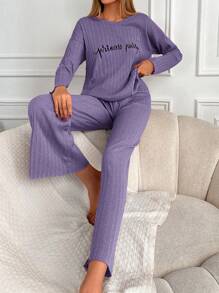 RueChic Ensemble de pyjama 100% coton pour femmes avec impression de lettre, manches longues - Lilas - Voir 6