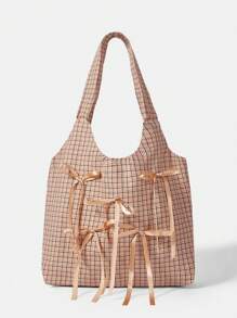 SHEIN MOD Fashionable Plaid Contrast Color Bow Decor Large Capacity Tote Bag - Khaki - View 3