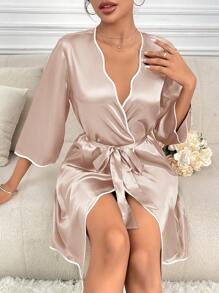 Moireta 女士V领撞色滚边系腰长袍，奢华家居服，秋冬款 - 香檳色 - 查看 4